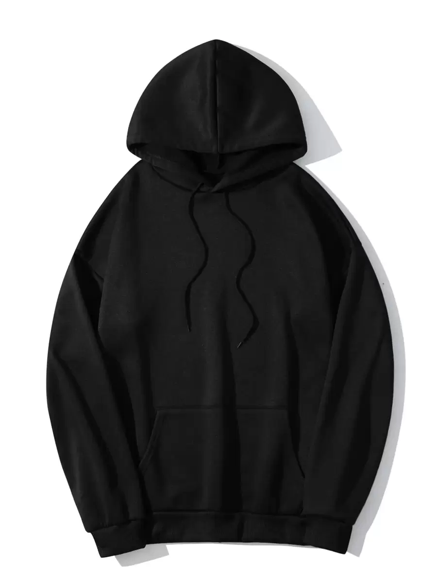 SHEIN EZwear Solid Kangaroo Pocket Thermal Lined Drawstring Hoodie - Black - View 1