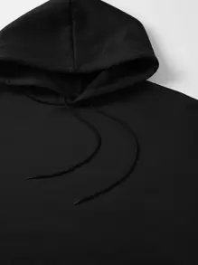 SHEIN EZwear Solid Kangaroo Pocket Thermal Lined Drawstring Hoodie - Black - View 3