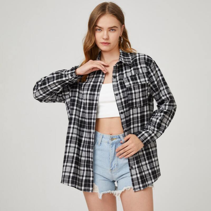 

Plaid Print Button Front Blouse, Black