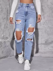 SHEIN EZwear Jeans desgarro de talle alto de pierna recta