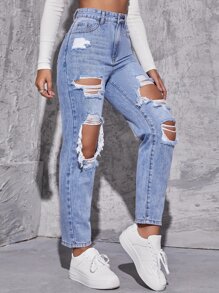 SHEIN EZwear Jeans desgarro de talle alto de pierna recta