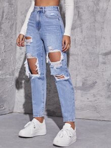 SHEIN EZwear Jeans desgarro de talle alto de pierna recta