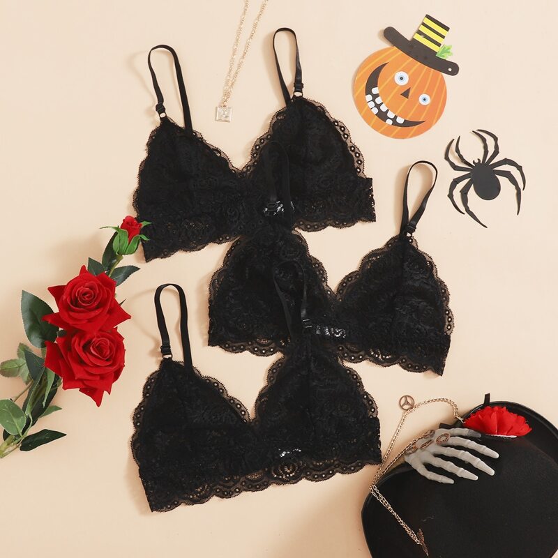 

3pack Floral Lace Scallop Trim Bra Set, Black