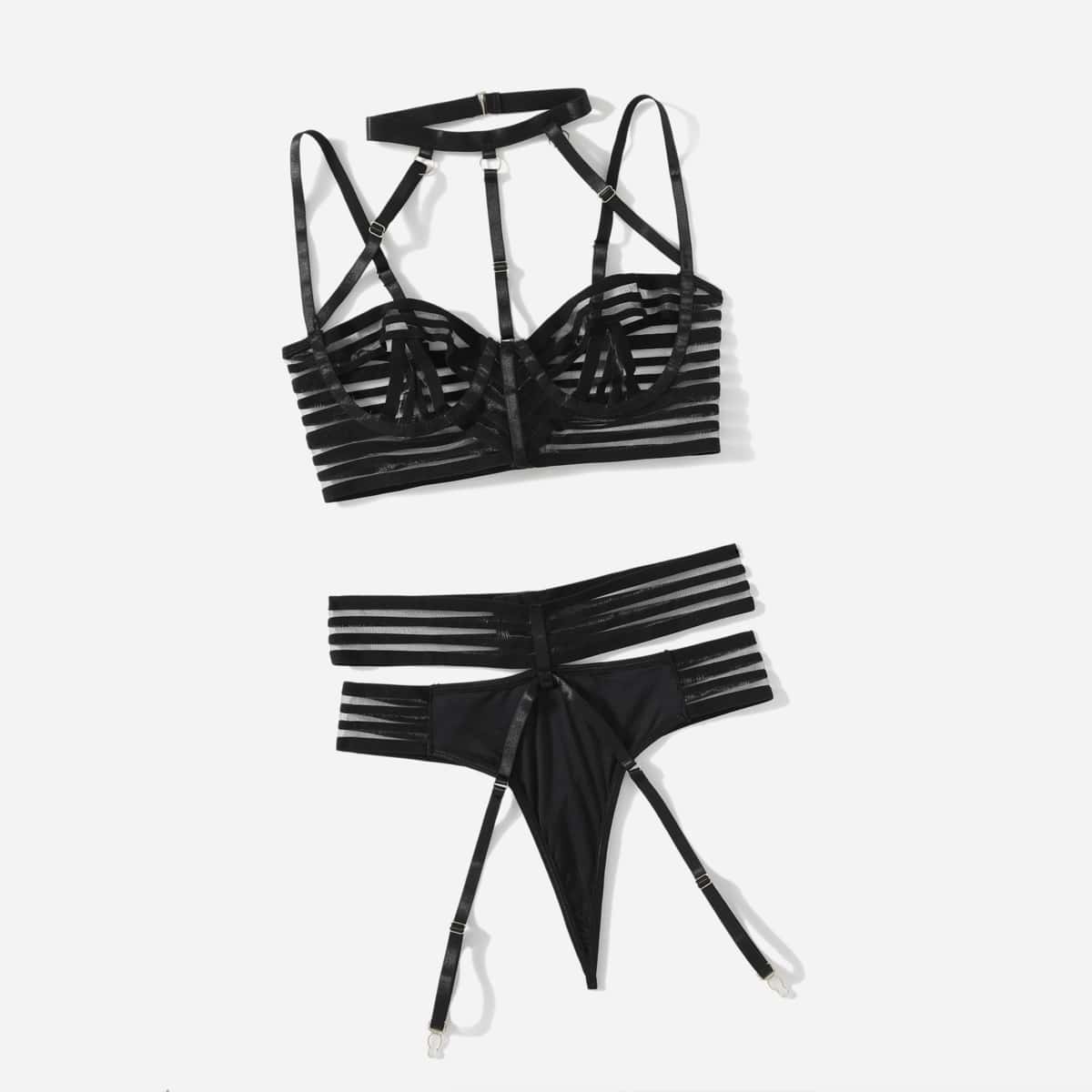 

3pack Contrast Mesh Underwire Garter Lingerie Set, Black