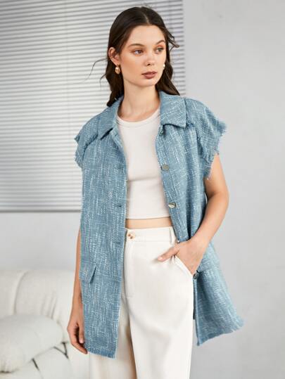 SHEIN Abrigo decorativo con bolsillo ribete crudo tweed