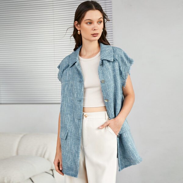 

Decorative Pocket Raw Trim Tweed Coat, Blue