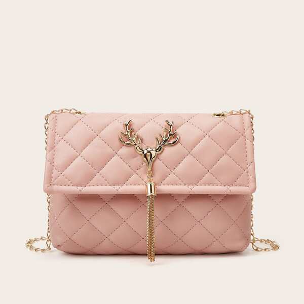 

Quilted Tassel Decor Chain Crossbody Bag, Pink