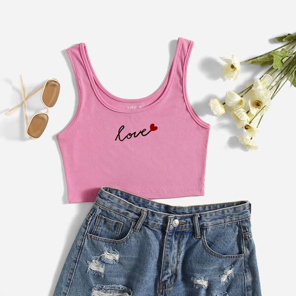 

Heart & Letter Graphic Ribbed Tank Top, Pink