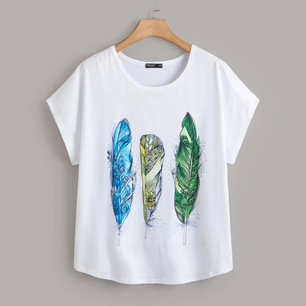 

Plus Feather Print Batwing Sleeve Tee, White