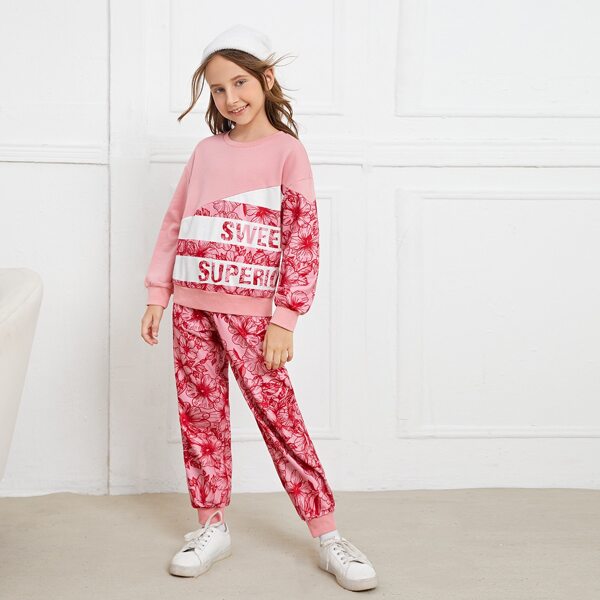 

Girls Letter And Floral Print Drop Shoulder Pullover & Sweatpants, Dusty pink