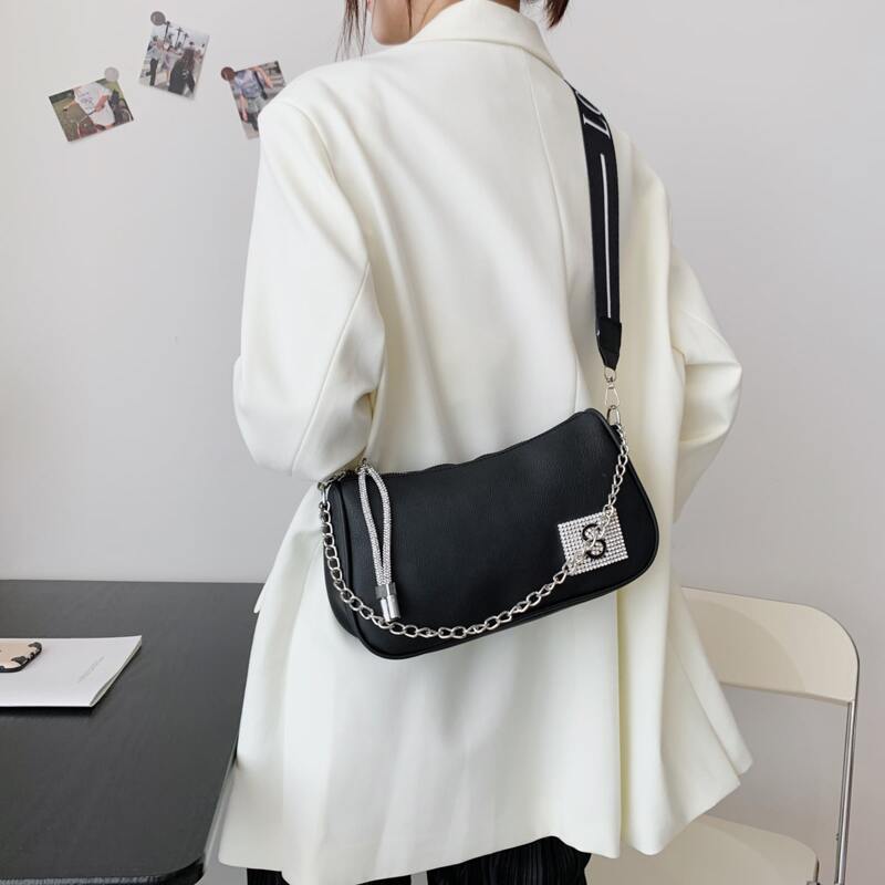 

Rhinestone Letter Satchel Bag, Black