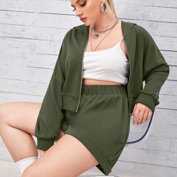 

Plus Drop Shoulder Zip Up Hoodie & Roll Hem Shorts, Army green