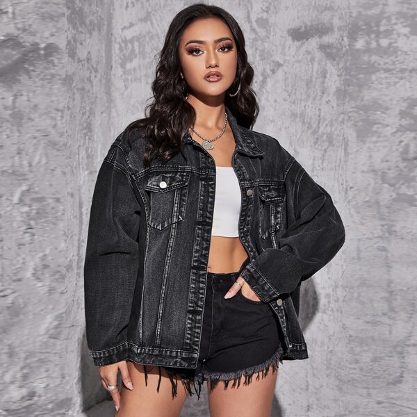 

Drop Shoulder Button Up Denim Jacket, Black