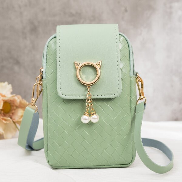 

Faux Pearls Decor Flap Crossbody Bag, Green
