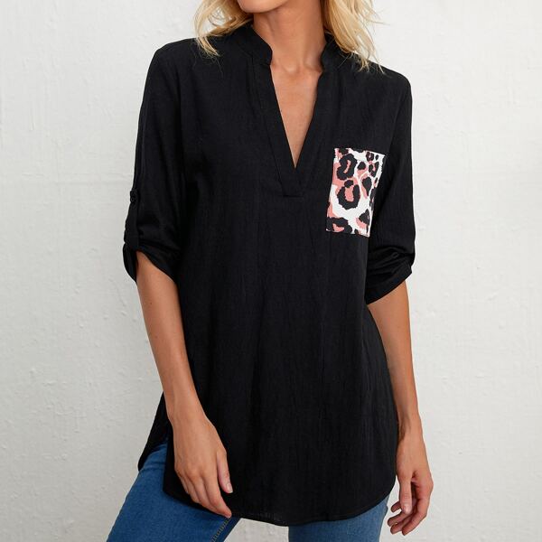 

Leopard Print Notch Neck Blouse, Black