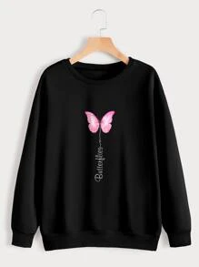 SHEIN EZwear Butterfly & Letter Graphic Sweatshirt - Black - View 1
