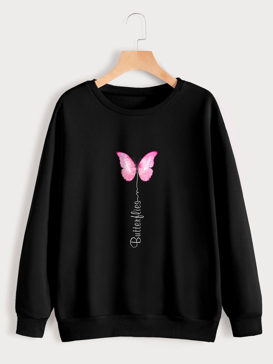 SHEIN EZwear Butterfly & Letter Graphic Sweatshirt - Black - View 1