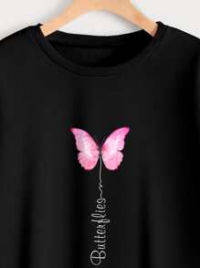 SHEIN EZwear Butterfly & Letter Graphic Sweatshirt - Black - View 3