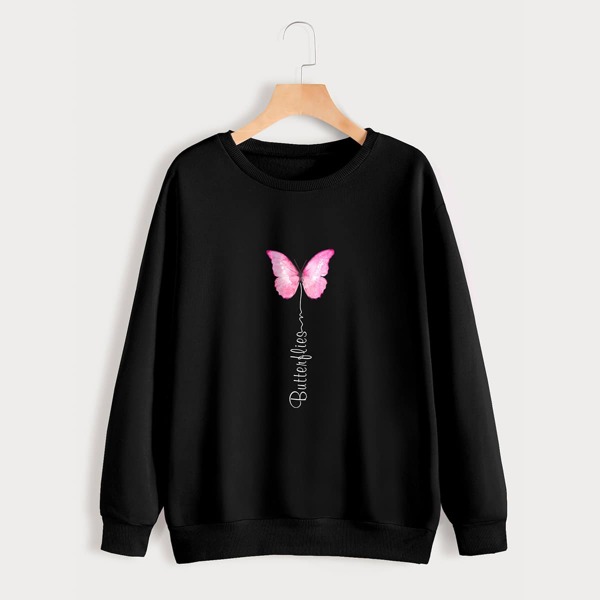 

Butterfly & Letter Graphic Sweatshirt, Black
