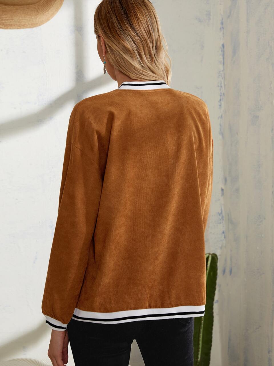 Striped Trim Drop Shoulder Corduroy Bomber Jacket