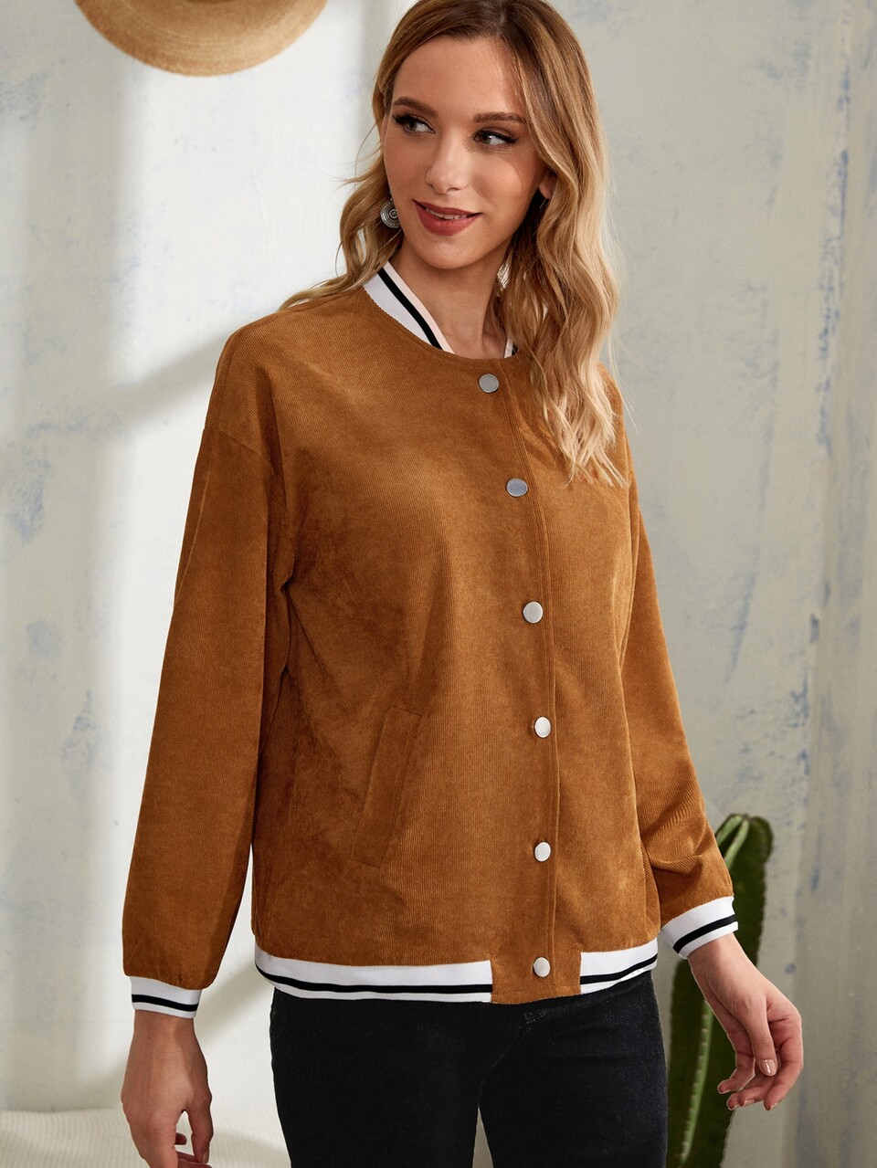 Striped Trim Drop Shoulder Corduroy Bomber Jacket