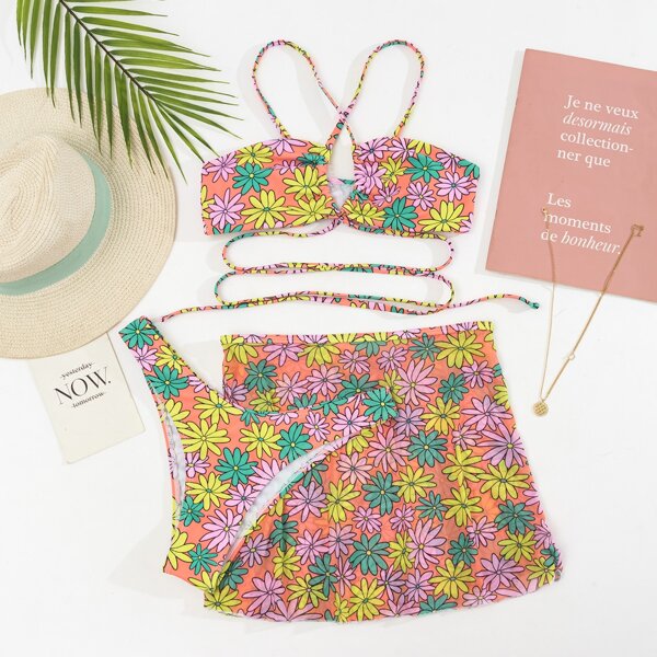 

3pack Floral Print Criss Cross Bikini Swimsuit & Beach Skirt, Multicolor