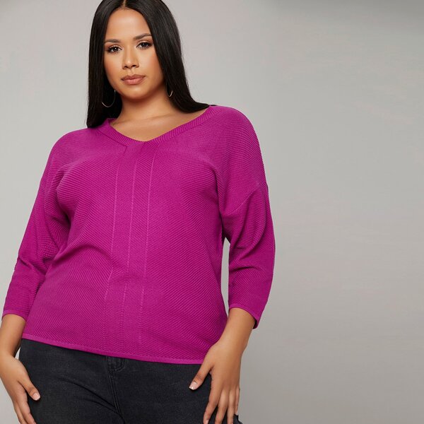 

Plus V Neck Drop Shoulder Sweater, Purple