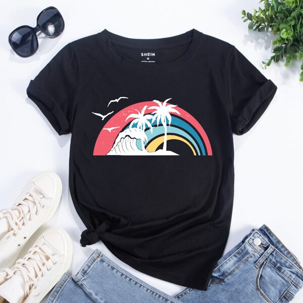 

Rainbow Print Round Neck Tee, Black