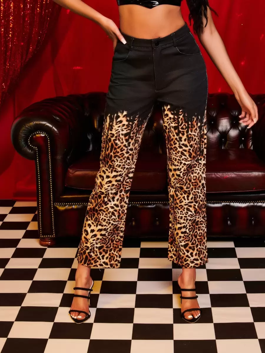 SHEIN Unity 豹紋印花斜口袋高腰長褲 - 彩色 - 查看 1