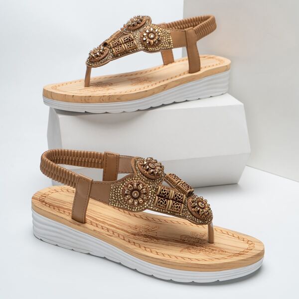 

Beaded Decor Thong Slingback Flatform Sandals, Camel