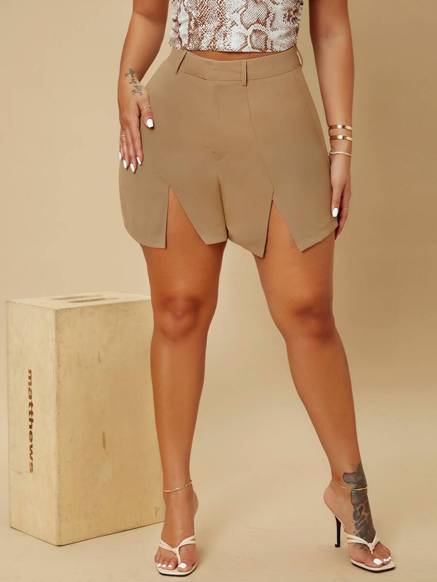 SHEIN Unity High Waist Asymmetrical Hem Shorts - Khaki - View 1