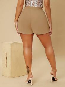 SHEIN Unity High Waist Asymmetrical Hem Shorts - Khaki - View 2