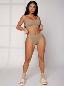 Solid Seamless Bra & Panty Lingerie Set - Khaki - View 4