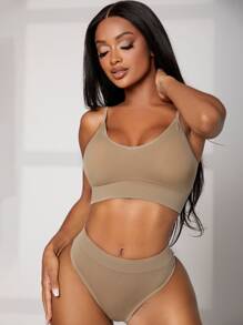 Solid Seamless Bra & Panty Lingerie Set - Khaki - View 5