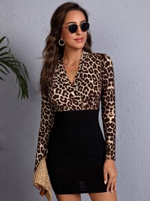 SHEIN Clasi Leopard Print Surplice Neck Bodycon Dress - Multicolor - View 3