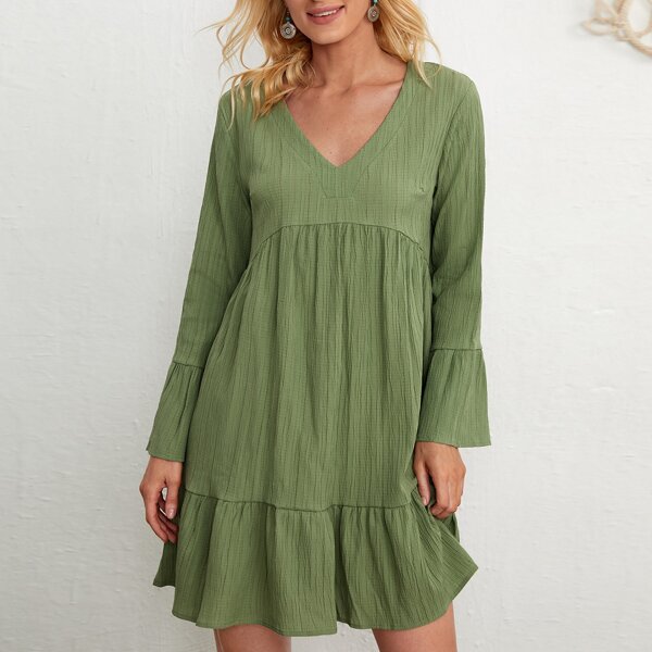 

Flounce Sleeve Ruffle Hem Smock Dress, Lime green