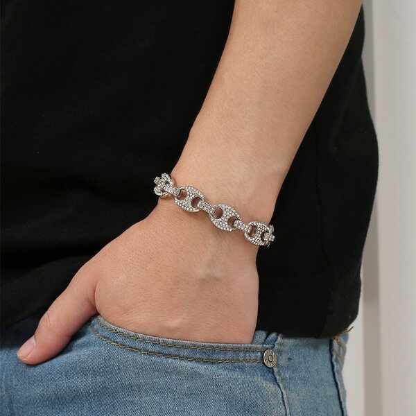 

Men Rhinestone Decor Bracelet, Silver