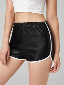 PU Leather Contrast Binding Dolphin Shorts - Black - View 1