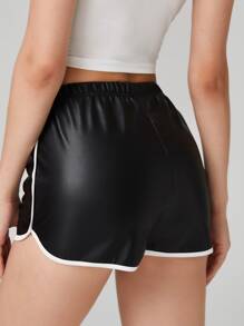 PU Leather Contrast Binding Dolphin Shorts - Black - View 2