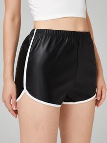 PU Leather Contrast Binding Dolphin Shorts - Black - View 3