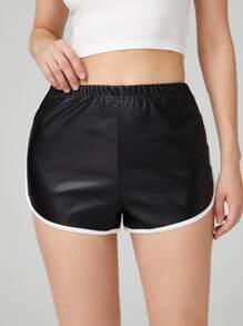 PU Leather Contrast Binding Dolphin Shorts - Black - View 4
