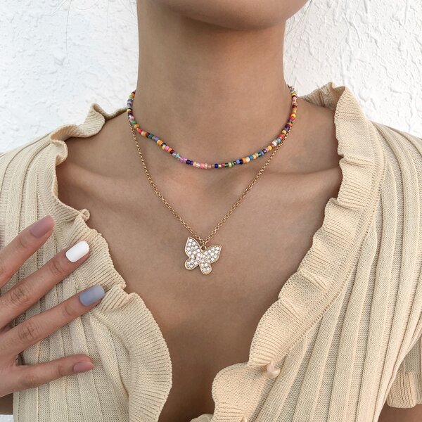 

Rhinestone Butterfly Charm Layered Necklace, Multicolor