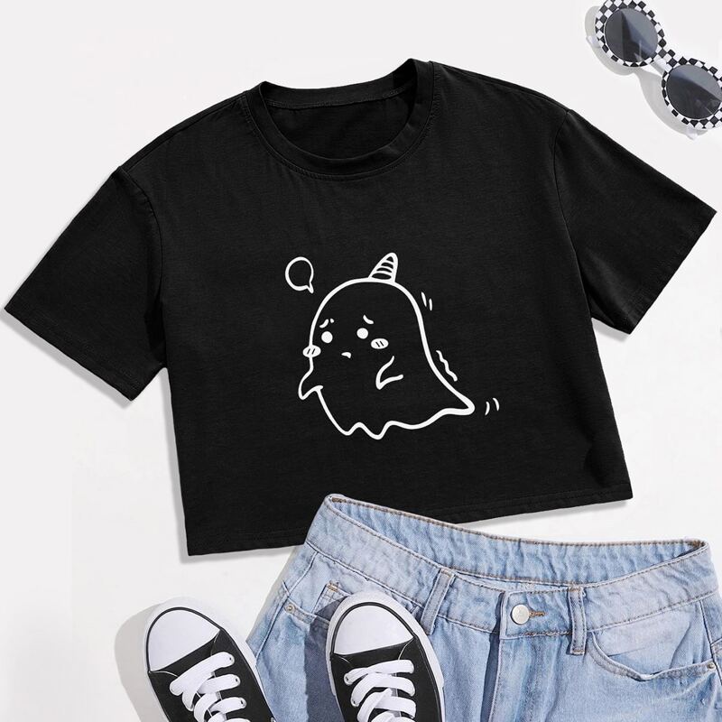 

Cartoon Graphic Crop Boxy Tee, Black
