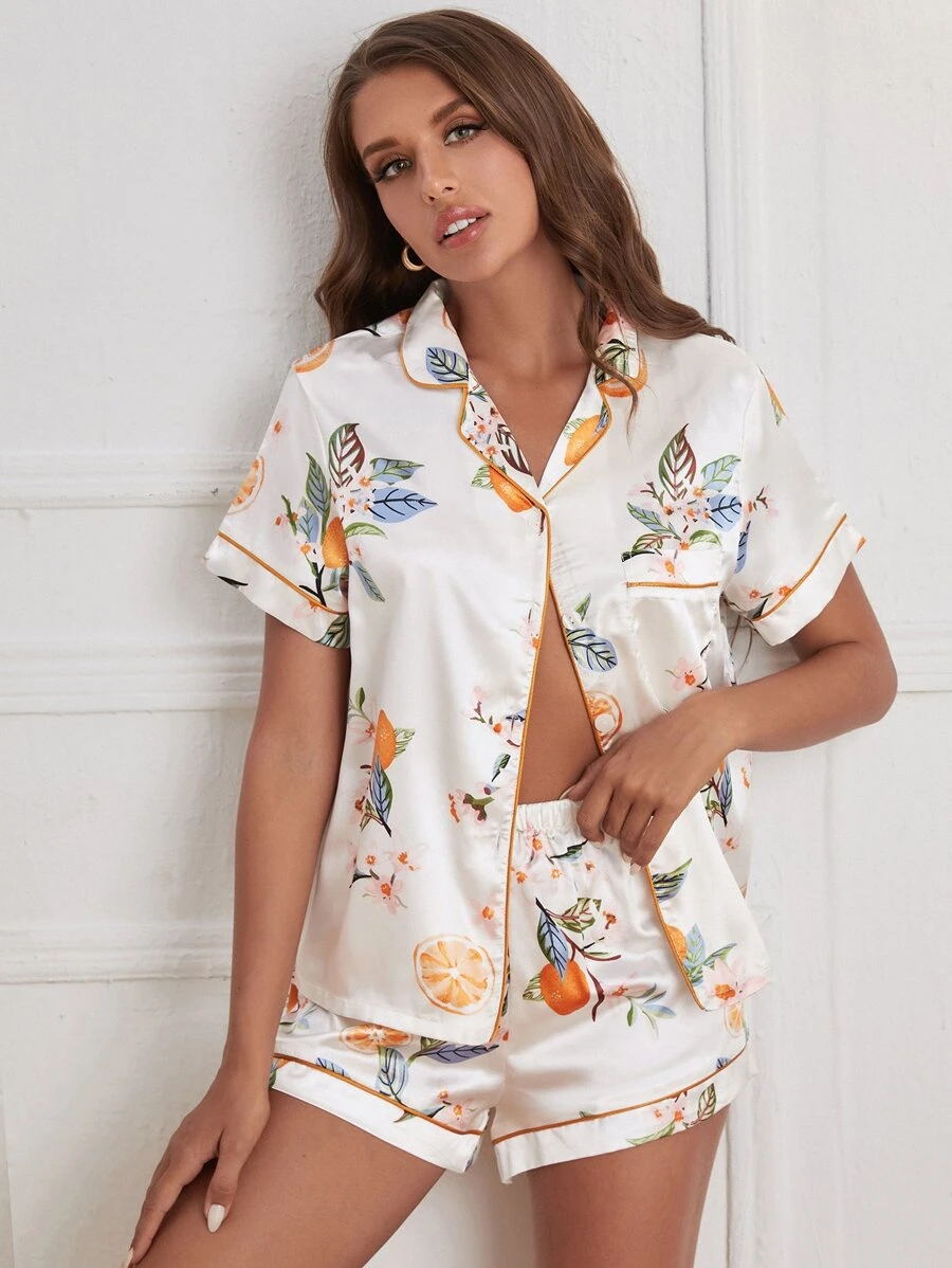 Fruit Print Contrast Piping Satin Pajama Set White Set - White - View 1