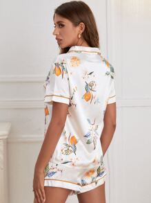 Fruit Print Contrast Piping Satin Pajama Set White Set - White - View 2