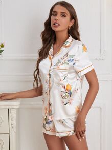 Fruit Print Contrast Piping Satin Pajama Set White Set - White - View 3