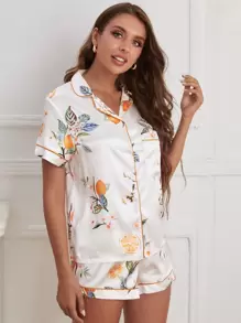 Fruit Print Contrast Piping Satin Pajama Set White Set - White - View 4