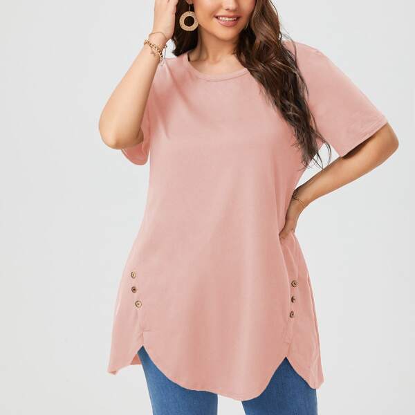 

Plus Curved Hem Button Detail Solid Tee, Pink