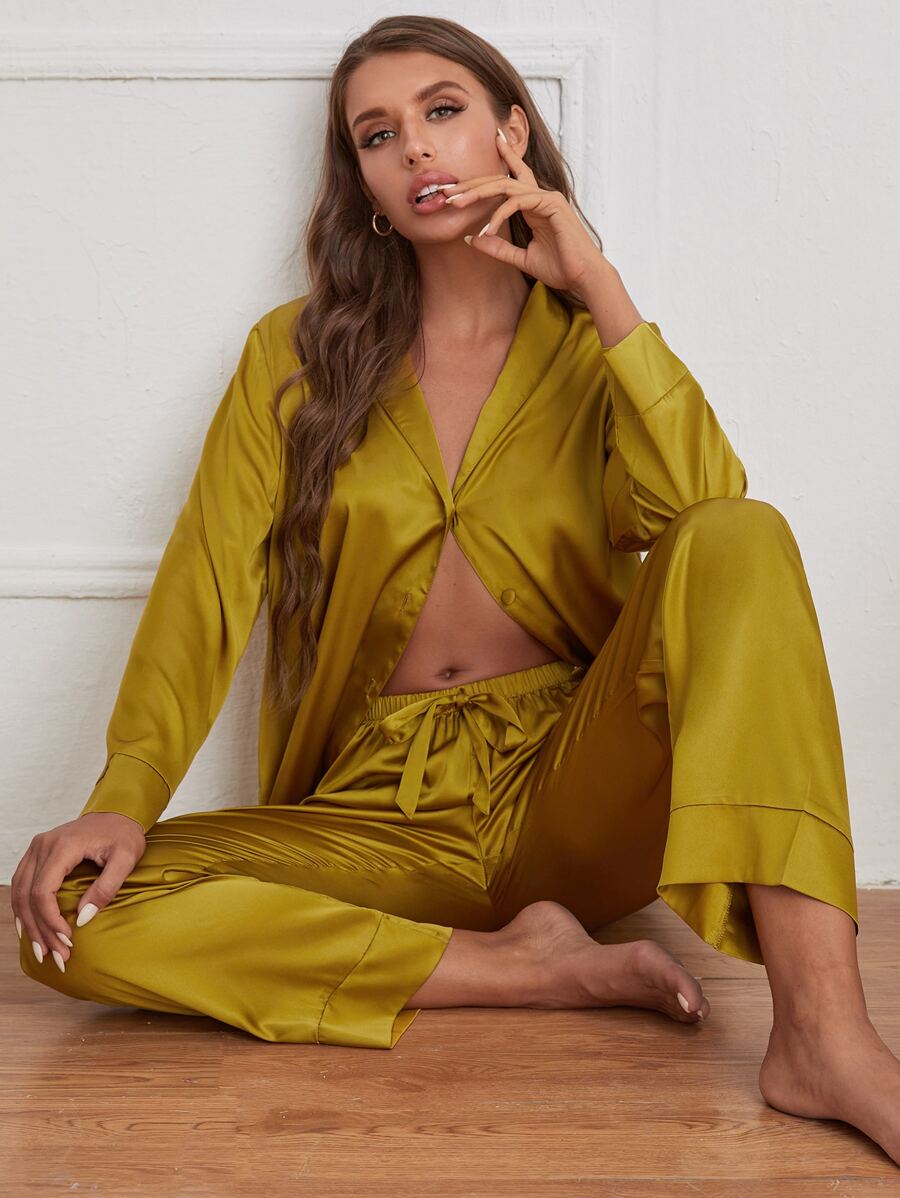 Shawl Collar Solid Satin PJ Set / Pajama Set - Mustard Yellow - View 1
