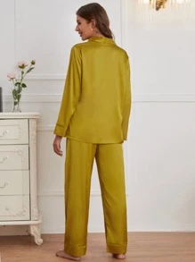 Shawl Collar Solid Satin PJ Set / Pajama Set - Mustard Yellow - View 2